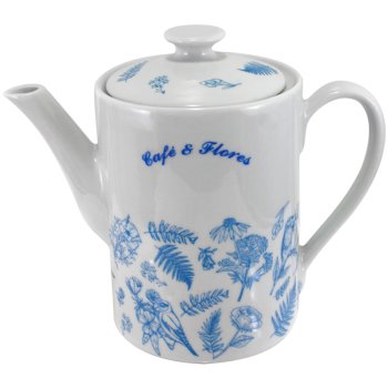 Bule Chá Café Reto 800ml Porcelana Branca Azul