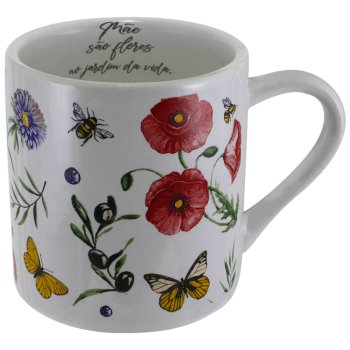 Caneca Porcelana Reta 280ml Decorada Flores e Borboletas