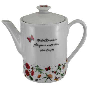 Bule Chá Café Reto 800ml Porcelana Branca Flores e Borboletas