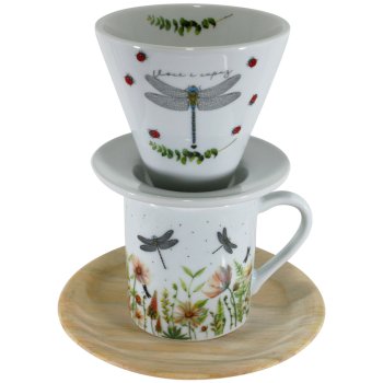 Kit Coador E Caneca Porcelana Libélula