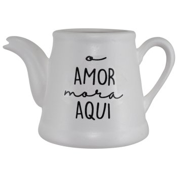 Vaso Decorativo Em Formato de Bule 400ml Cerâmica Branca O Amor Mora Aqui